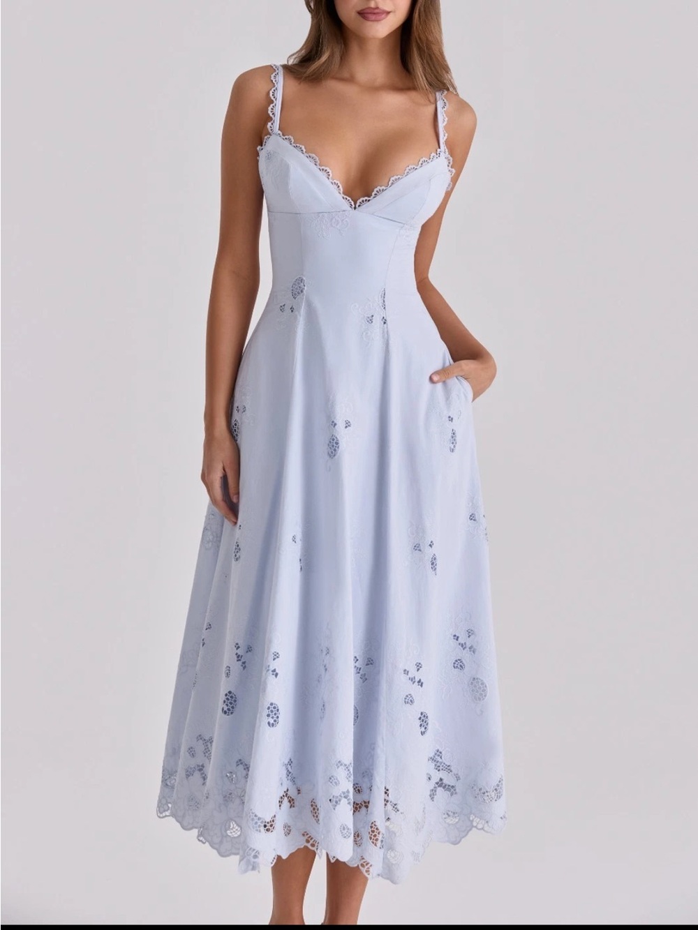 House of CB Tatiana blue bell lace and cotton broderie anglaise Midi Dress